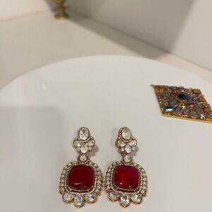 Kundun Ornate Red and Gold Drop Earrings with Cushion-Cut Center
